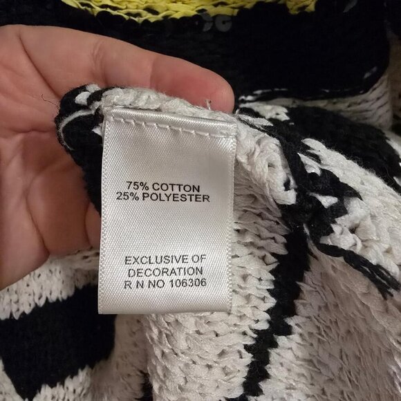 Berek Cardigan Size Large Shell Striped Sequin Black White Yellow Open Stretch - Picture 6 of 6